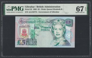 Gibraltar 5 Pounds 1995 Queen Elizabeth Ii,  Tarik Ibn Zeyad Unc (pick 25) Pmg - 67