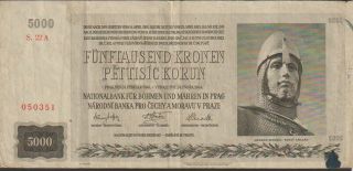 Bohemia & Moravia 5000 Korun Banknote,  24.  2.  1944,  Very Fine Cond,  Pick 17 - A " Scarce "