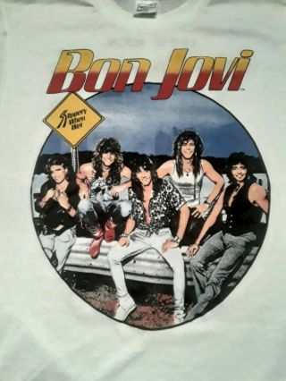Vintage T Shirt - Bon Jovi Slippery When Wet Spring Ford Nos Size M White 1986
