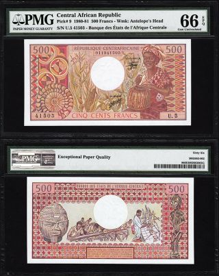 Central African Republic 500 Francs,  1980,  Pmg 66 Gem Unc,  Epq,  P - 9