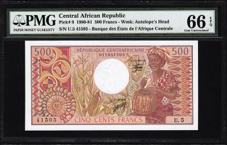 CENTRAL AFRICAN REPUBLIC 500 FRANCS,  1980,  PMG 66 GEM UNC,  EPQ,  P - 9 2