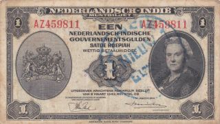 1 Gulden Fine Banknote From Netherlands Guinea 1943 With Stamp