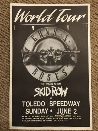 Vintage 1991 GUNS N ' ROSES Concert Tour Poster Toledo Speedway Skid Row 2