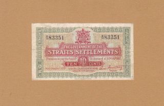 The Government Of The Straits Settlements 10 Cents 1919 P - 8 Af Arms