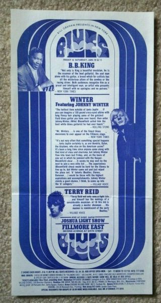 Fillmore East - Orig Mini Poster - " Blues " - Bb King - Johnny Winter - Jan 10 - 11 1969