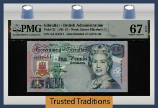 Tt Pk 25 1995 Gibraltar 5 Pounds Queen Elizabeth Ii Pmg 67 Epq Gem Unc.