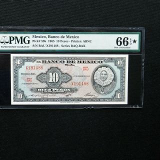 1965 Mexico 10 Peso,  Pick 58K,  PMG 66 EPQ Gem Unc.  PMG Star Designation 2