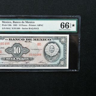 1965 Mexico 10 Peso,  Pick 58K,  PMG 66 EPQ Gem Unc.  PMG Star Designation 3