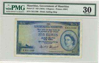 Mauritius 5 Rupees Currency Banknote 1954 Pmg 30 Vf