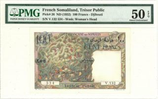 French Somaliland 100 Francs Currency Banknote 1952 Pmg 50 Epq Au