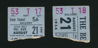 Beatles 1964 Consecutive Ticket Stubs To Their Seattle Concert