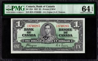 1937 Bank Of Canada $1 Banknote,  Coyne/towers,  Pmg Unc - 64 Epq