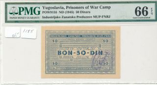 World War Ii Yugoslavia Pow Camp C - 9155 50 Dinara 1945 Pmg 66epq Prisoner Of War