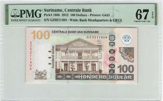 Suriname 100 Dollars Gulden 2012 Surinam Pick 166b Pmg Gem Unc 67 Epq