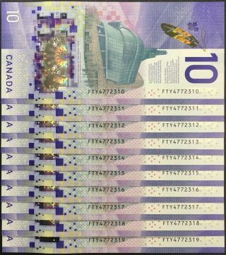 2018 Canada $10 Ten Dollar Polymer Banknote,  Viola Desmond (10 Consecutive),  Unc
