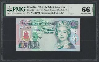 Gibraltar 5 Pounds 1995 Queen Elizabeth Ii,  Tarik Ibn Zeyad Unc (pick 25) Pmg - 66