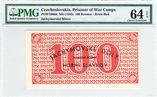 100 Kronen Unc Prisoner Of War Camp Note Czechoslovakia 1945 Rare/jachimovske