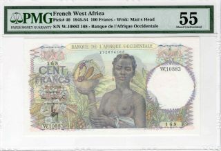 French West Africa 100 Francs 1945 - 54 P - 40 Pmg Ch.  Aunc 55