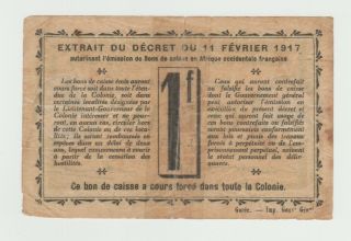 Ivory Coast 1 Franc 1917 P - 2b (repaired) 2