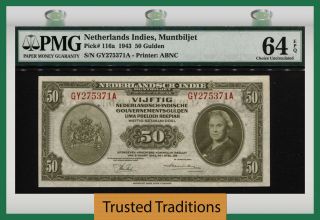 Tt Pk 116a 1943 Netherlands Indies 50 Gulden Queen Wilhelmina Pmg 64 Epq Choice