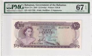 1965 Bahamas 1 /2 Dollar P - 17a Pmg 67 Epq Gem Unc
