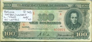 Bolivia Bundle 40 Notes 100 Bolivianos L.  1945 P 142 Avf/vf