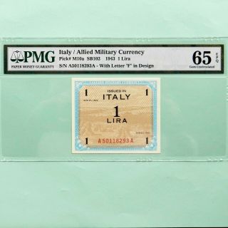 1943 Italy 1 Lira,  Allied Military Currency,  Pick M10a Sb 102,  Pmg 65 Epq