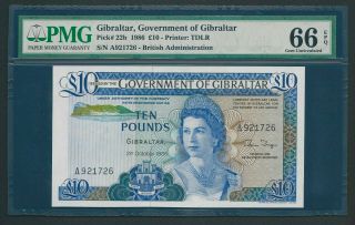 Gibraltar 1986 - 10 Pounds P 22b Pmg Gem Unc 66 Epq