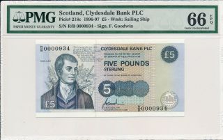 Clydesdale Bank Plc Scotland 5 Pounds 1996 Low S/no 0000934 Pmg 66epq