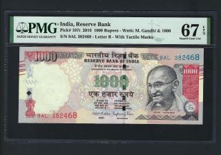 India 1000 Rupees 2016 P107t Uncirculated Letter R Graded 67
