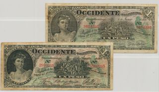 Guatemala El Banco De Occidente 2x 1 Peso 1900/1920,  P.  S175a,  B_f
