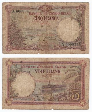 Belgian Congo,  5 Francs 1924,  Pick 8c,  Vg,  Matadi