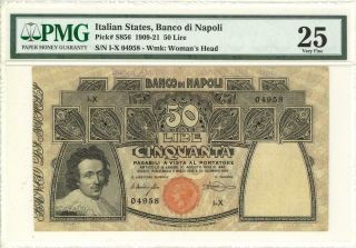 Italy Banco Napoli 50 Lire Currency Banknote 1909 Pmg 25 Vf
