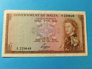 1949/1963 Government Of Malta 1 Pound Note - Vf25
