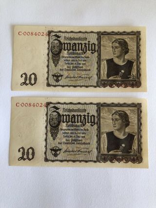 Germany 20 Reichsmark 1939 P - 185 Unc - Consecutive Numbers