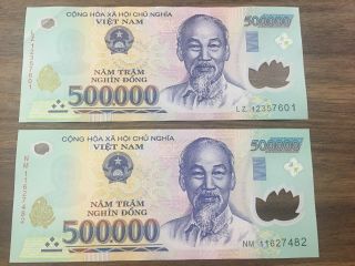 500000 X 2 Vietnamese Dong Banknote.  500,  000 Vnd Bill.  Cir.  Two Note.  1,  000,  000