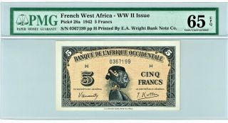 French West Africa: 5 Francs 14.  12.  1942 Pick 28a.  Pmg Gem Uncirculated 65 Epq.