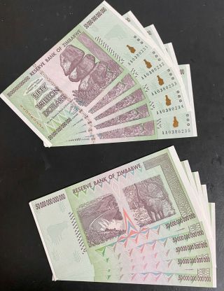 Bundle Of (5) Zimbabwe 50 Trillion Dollar Note Aa /2008,  Uncirculated