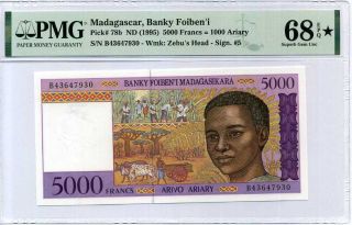 Madagascar 5000 Francs 1000 Ari 1995 P 78 B Gem Unc Pmg 68 Epq Extra Star
