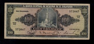 El Salvador 100 Colones 1965 Pick 107a Fine,