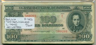 Bolivia Bundle 40 Notes 100 Bolivianos Law 1945 P 142 F/avf