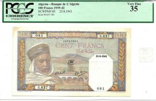 Algeria 1941 100 Francs P85 Pcgs Vf35 - Scarce Ww Ii Banknote - Low Serial Number
