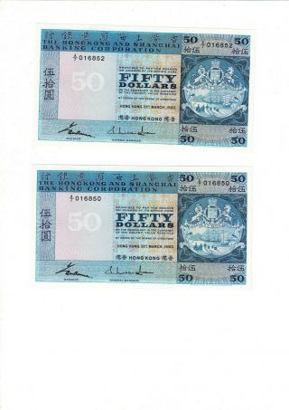 2 X Hong Kong Hsbc 1983 50 Dollars Choice Unc