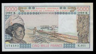 West African States 5000 Francs 1989 Senegal Pick 708ke Au.