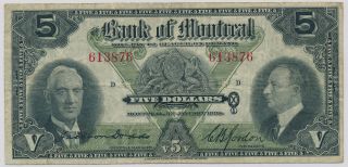 Canada Bank Of Montreal 5 Dollars 1938 613876 - F