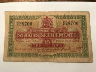 1919 Straits Settlements 10 Cents Note Scarce Fine,  17503