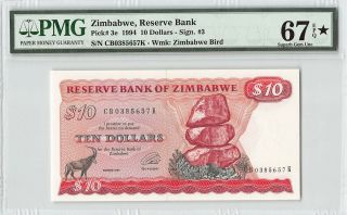 Zimbabwe 1994 P - 3e Pmg Gem Unc 67 Epq 10 Dollars