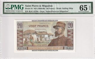 1950 - 60 Saint Pierre&miquelon 20 Francs P - 24 Pmg 65 Epq Gem Unc