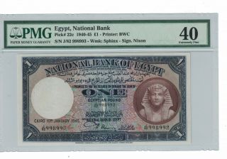 Egypt 1 Pound 1940 - 45 Pick 22c Pmg: 40 Xf.  (1801)
