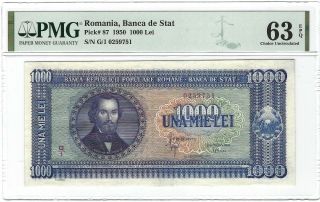 Romania Banca De Stat 1000 Lei 1950,  P - 87,  Pmg 63 Epq Choice Unc & Scarce Grade